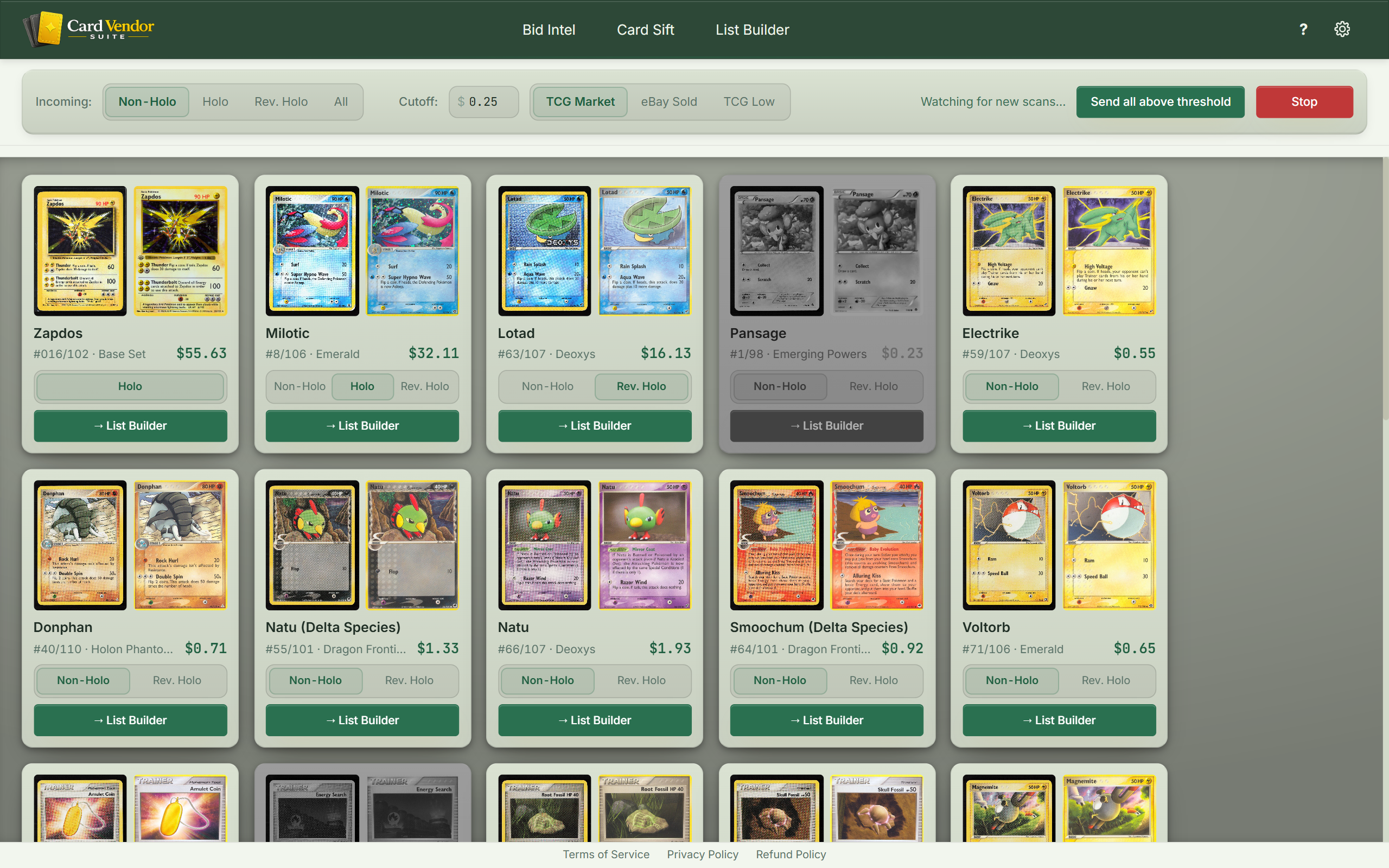 Card Sift — bulk scan results showing cards flagged above pull threshold