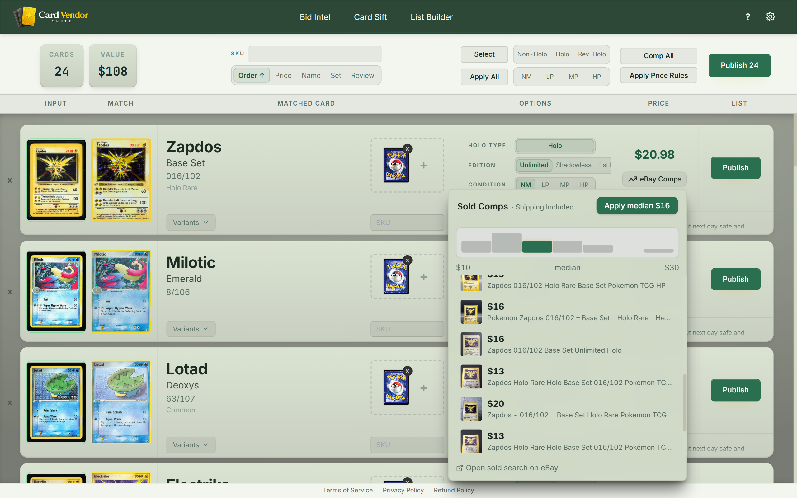 List Builder — listing queue with auto-generated titles, descriptions, and pricing