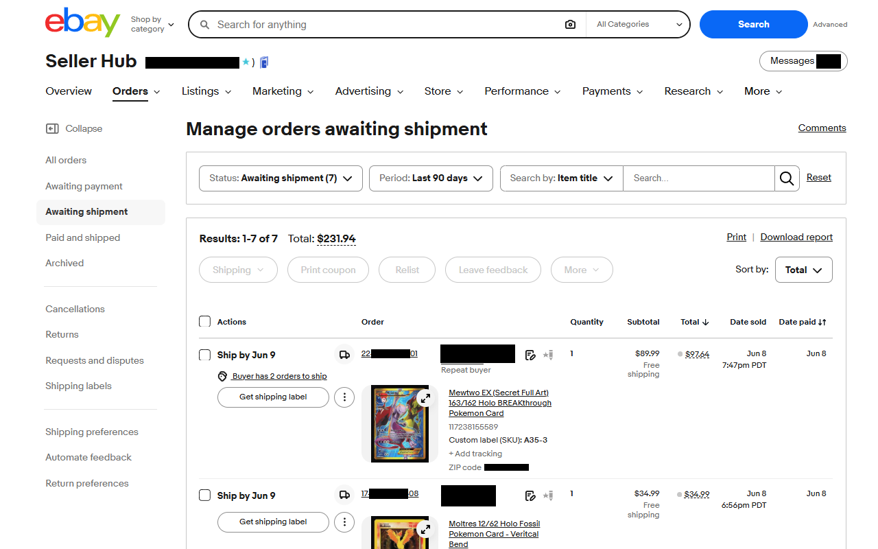 eBay Seller Hub showing cards from the won lot sold, $231.94 in orders awaiting shipment including the Mewtwo EX at $89.99